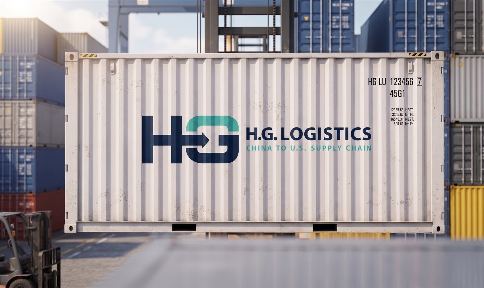 Shipping container branded with the H.G. Logistics logo at a terminal
