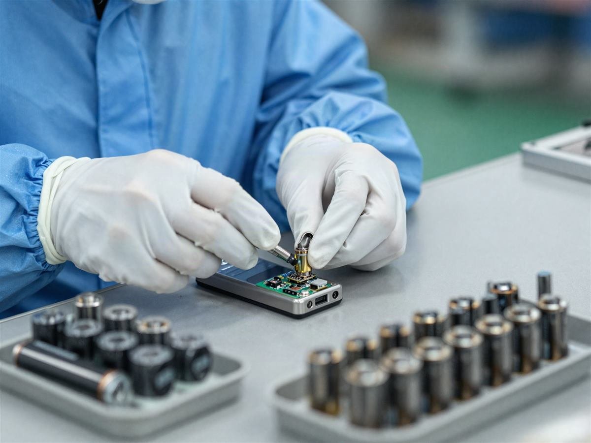 Gloved hands assembling the circuit board of a vape device on a production line